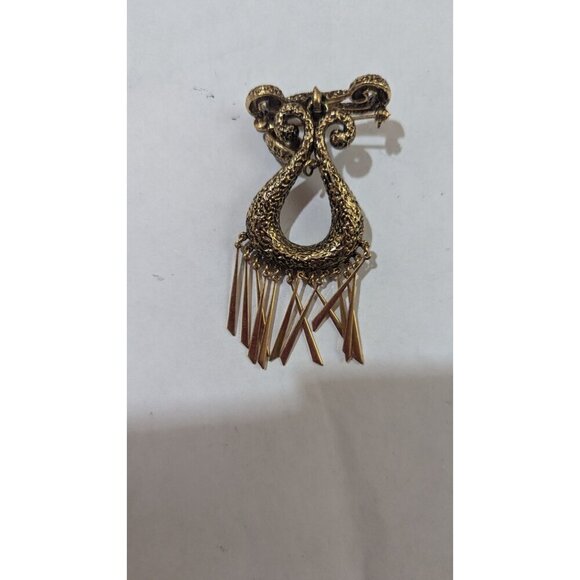 Vintage Gold-Tone Fleur de Lis Brooch With Dangling Tassels articulated Estate - Picture 5 of 9